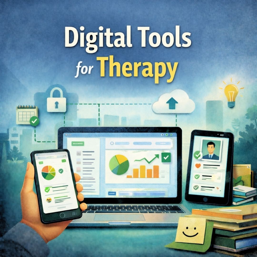 Devices showing therapy dashboards, secure cloud storage, and session tracking icons representing digital progress tracking in therapy